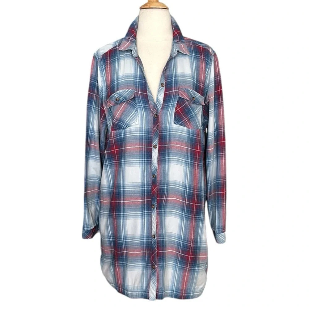 J. Jill Blue, Red and White Plaid Long-Sleeve Button Tunic